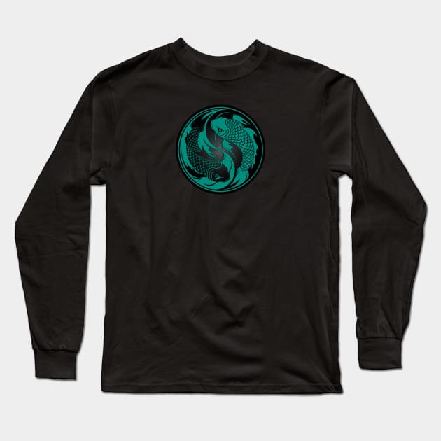 Teal Blue and Black Yin Yang Koi Fish Long Sleeve T-Shirt by jeffbartels